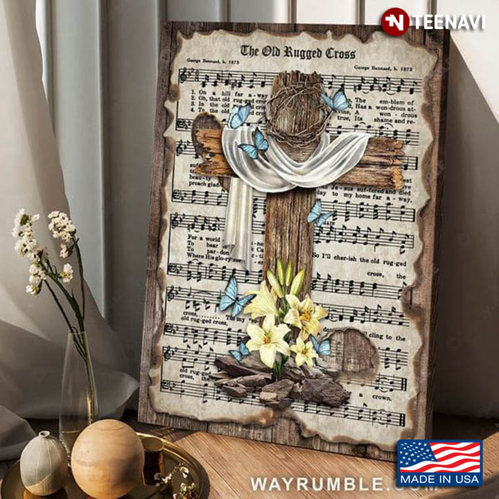 Sheet Music Theme Blue Butterflies, Jesus Cross & White Lily Flowers The Old Rugged Cross