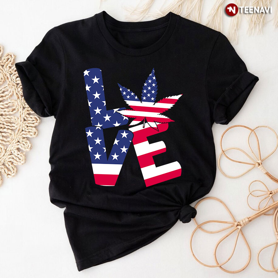 Love Weed Patriotic American Flag T-Shirt