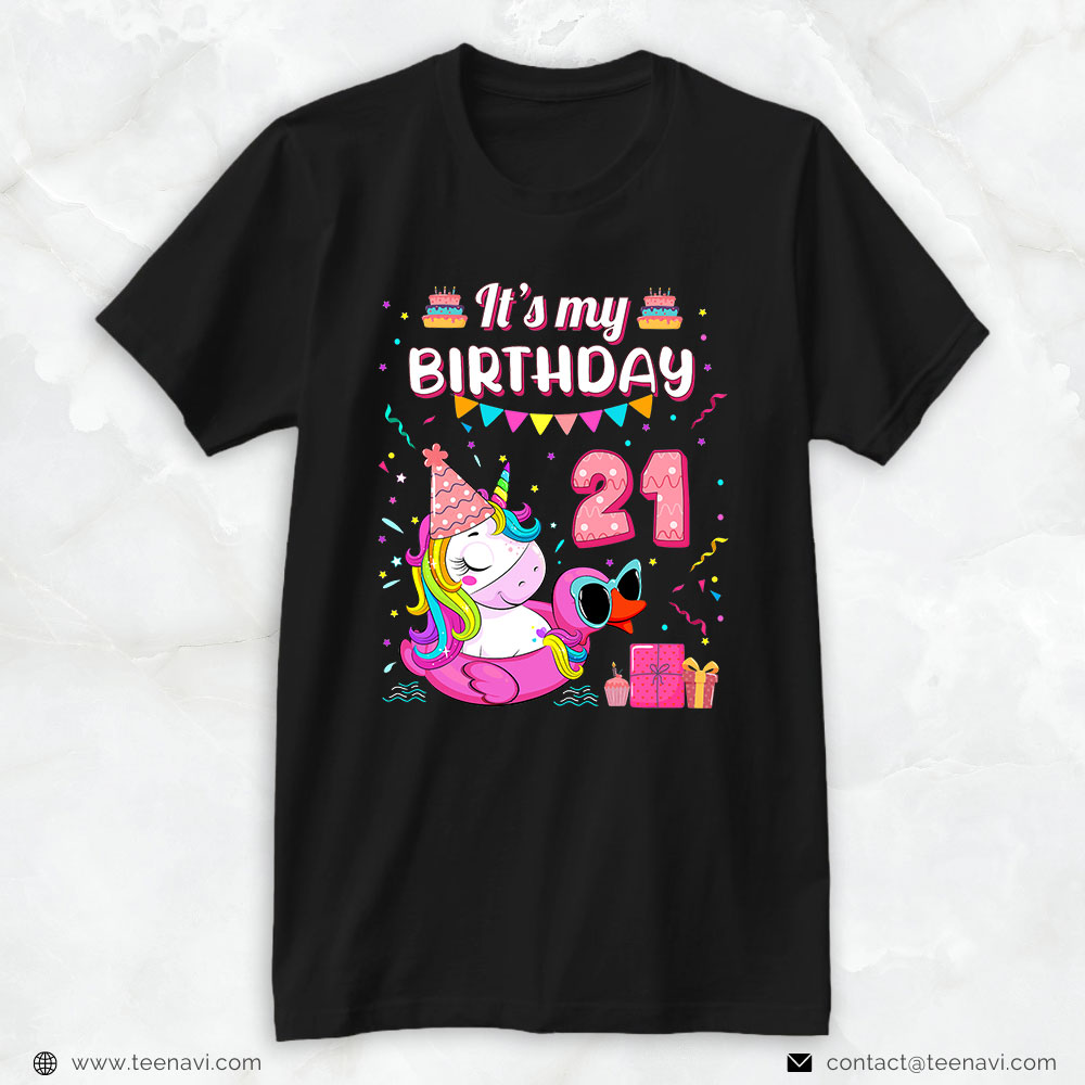 21st Birthday Shirt, 21st Birthday Girl Unicorn Duck Swimming Pool 21 Year Old