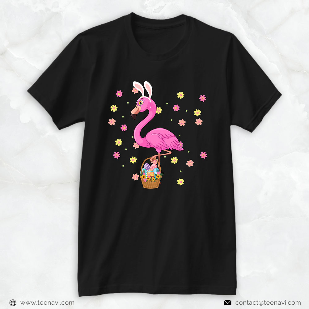 Pink Flamingo Shirt, Bunny Flamingo Bringing Eggs Basket Happy Easter Day Cute