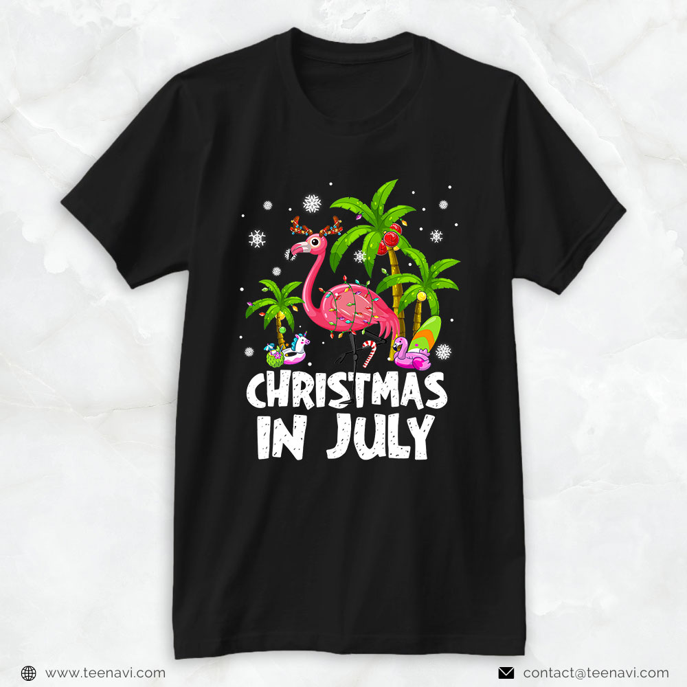 Pink Flamingo Shirt, Christmas In July Flamingo Palm Tree Beach Summer Vacation