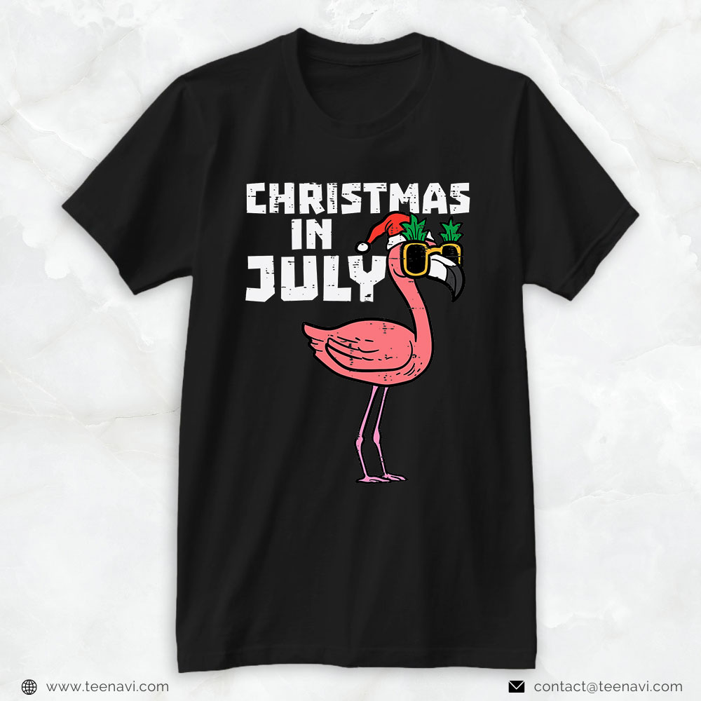 Flamingo Shirt, Flamingo Santa Sunglasses Christmas In July Cute Summer Xmas