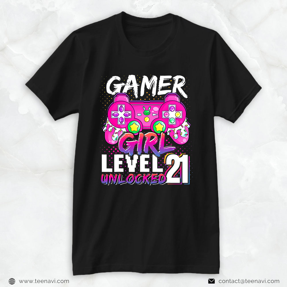 Funny 21st Birthday Shirt, Gamer Girl Level 21 Unlocked Video Game 21st Birthday