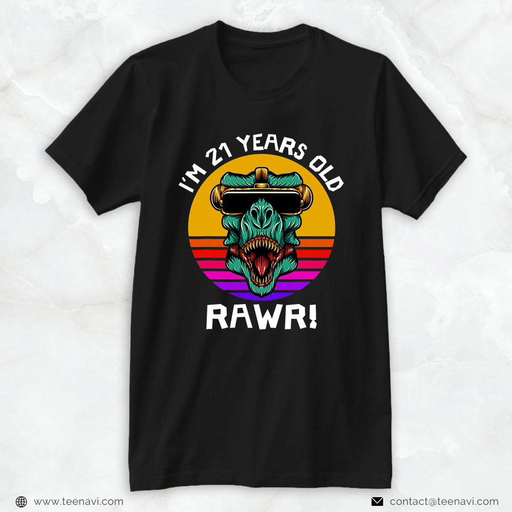 Funny 21st Birthday Shirt, I'm 21 Years Old Rawr Retro Dinosaur Sunset 21st Birthday