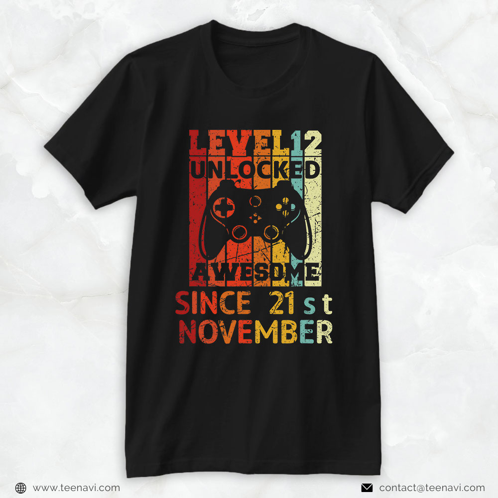 21st Birthday Shirt, Level 12 Unlocked Awesome Since 21st November Birthday