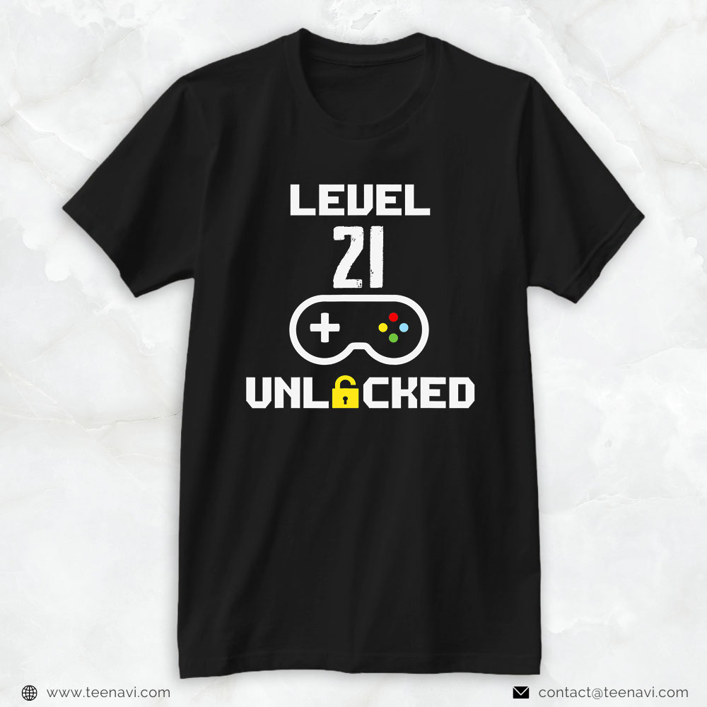 Funny 21st Birthday Shirt, Level 21 Unlocked 21st Birthday Present For Him Her Gaming