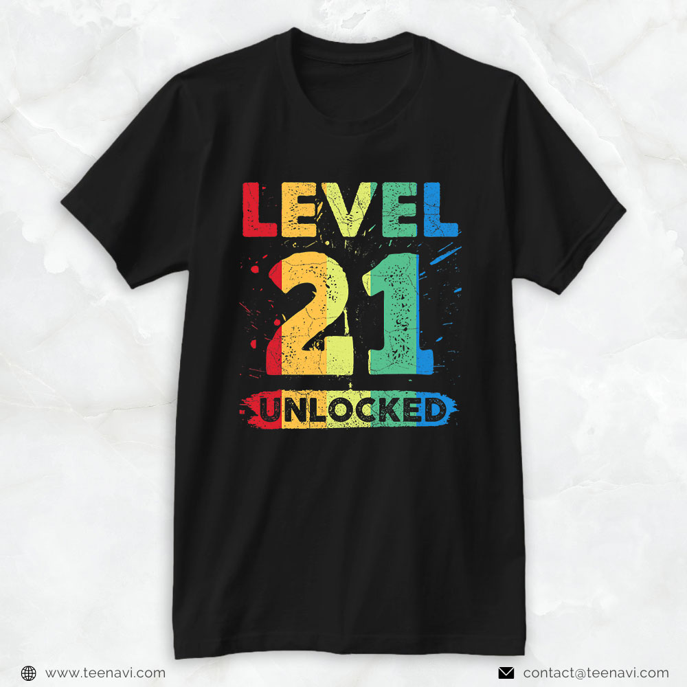 Funny 21st Birthday Shirt, Level 21 Unlocked 21st Birthday