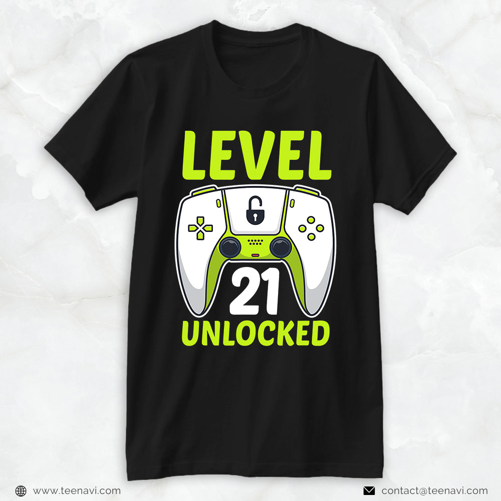 21st Birthday Shirt, Level 21 Unlocked Birthday Gamers Gaming 21st Birthday