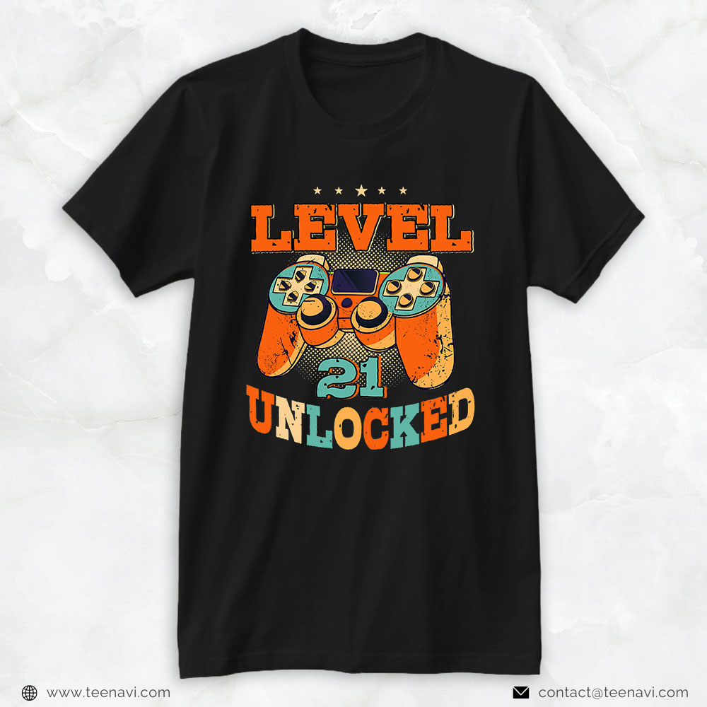 Funny 21st Birthday Shirt, Level 21 Unlocked Birthday Men Gamer 21st Birthday