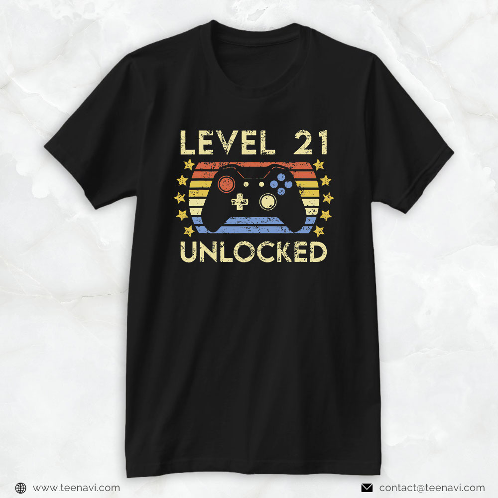Funny 21st Birthday Shirt, Level 21 Unlocked Funny Video Gamer Boys Girls 21st Birthday