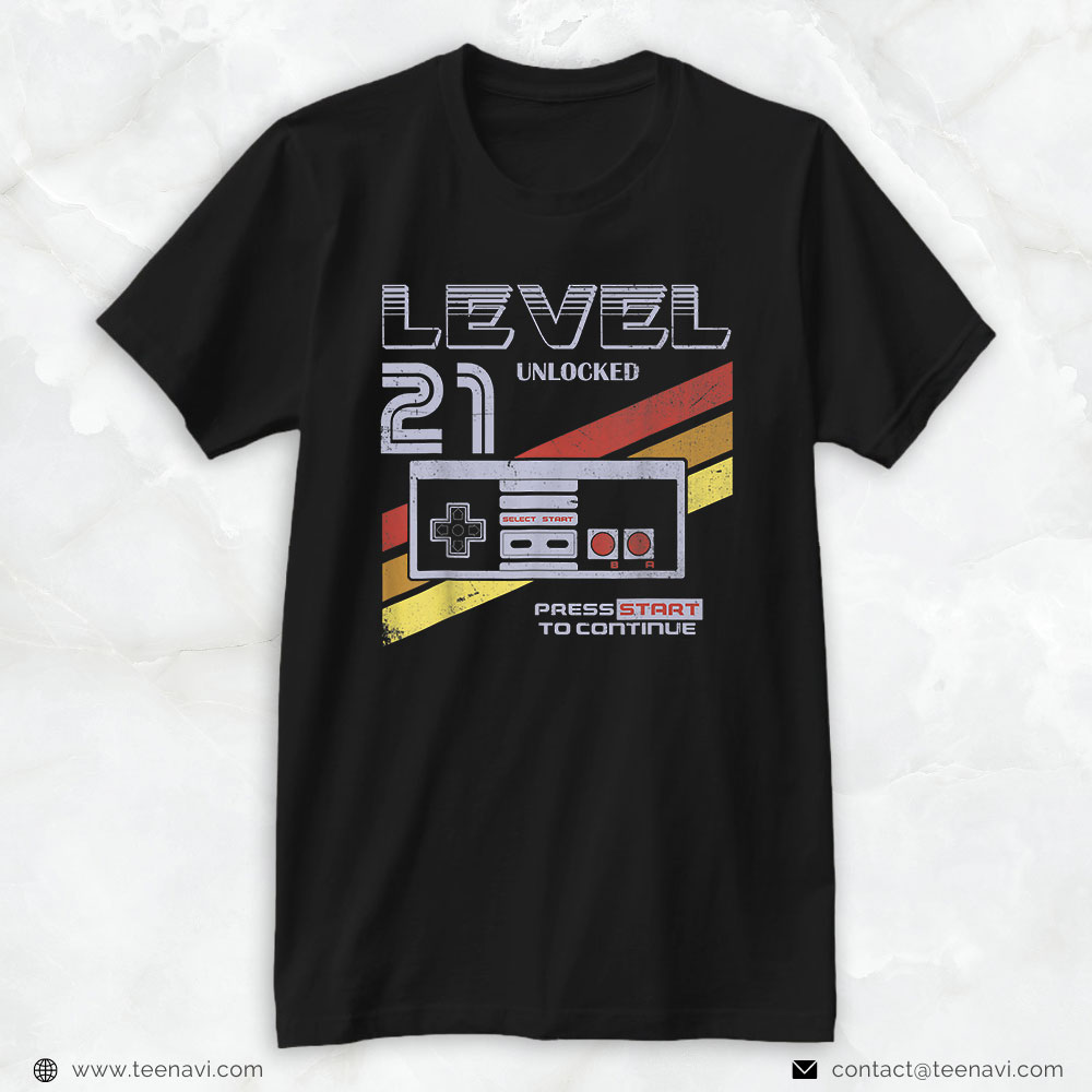 21st Birthday Shirt, Level 21 Unlocked Retro 21st Birthday Video Gamer Vintage