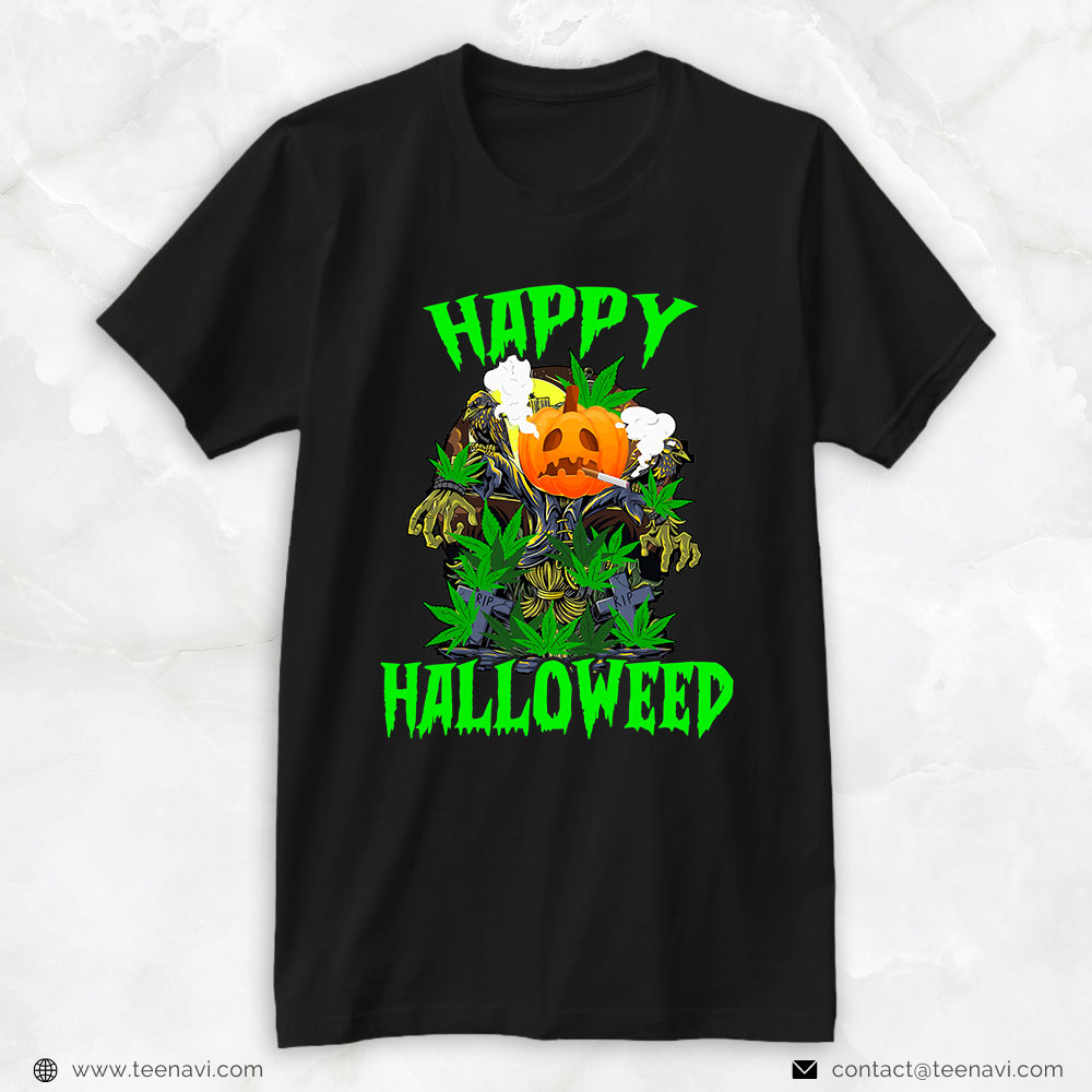 Pumpkin Stoner Smoking Weed Happy Halloweed Halloween Cannabis T-Shirt