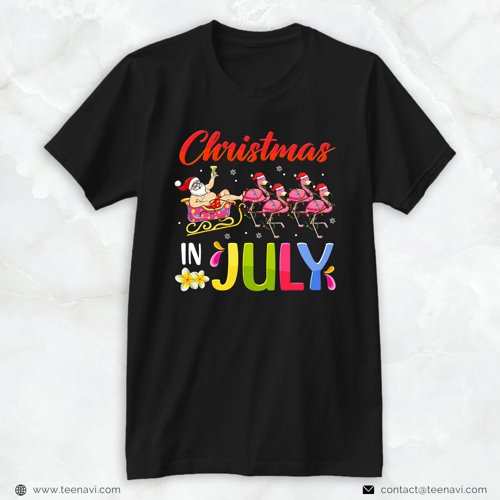 Flamingo Shirt, Santa Riding Flamingo Christmas In July Summer Womens Girls