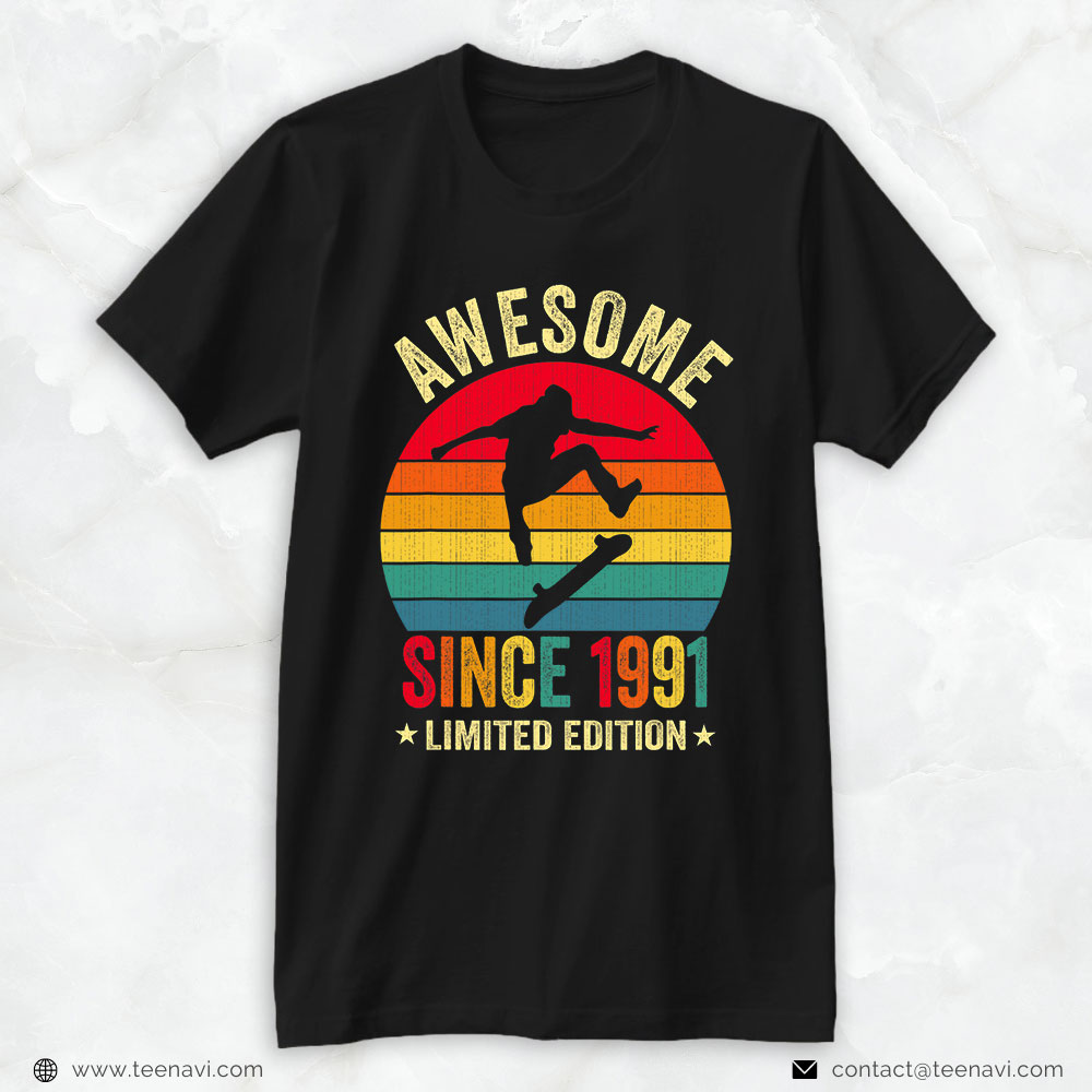 Funny 21st Birthday Shirt, Skateboard Skater Awesome Since 1991 21st Birthday Retro