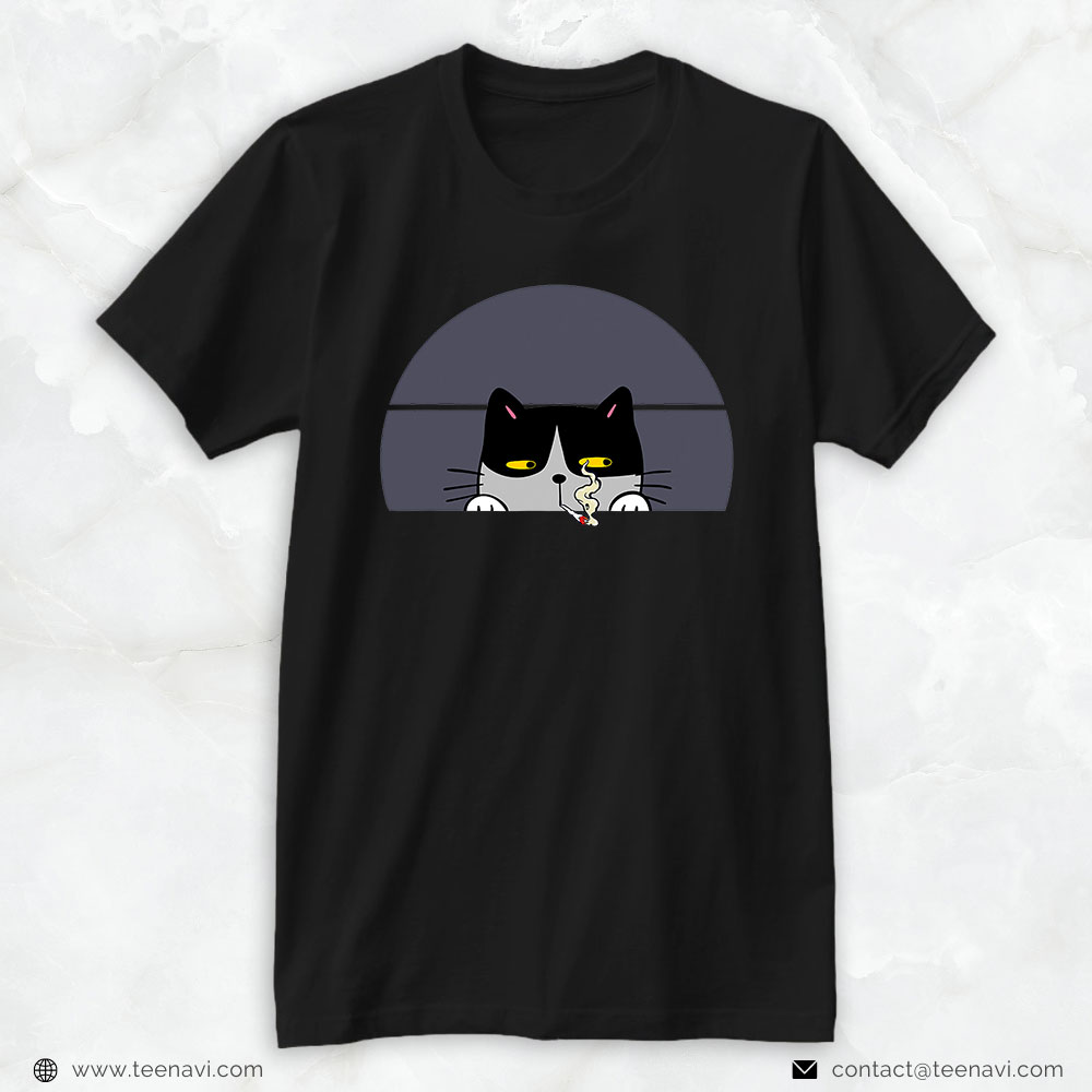 Funny Weed Shirt, Stoned Black Cat Smoking And Peeking Sideways With Cannabis