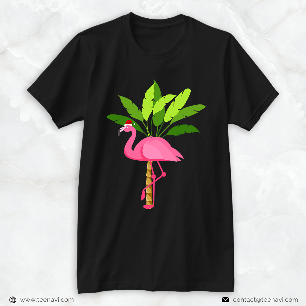 Pink Flamingo Shirt, Tropical Pink Flamingo Summer Palm Trees Christmas In July