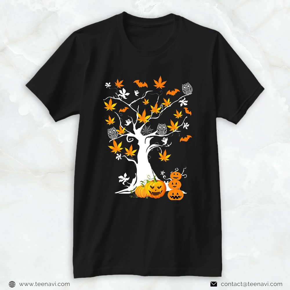 Weed Leaf Tree Ghost Pumpkin Fun Cannabis Halloween Costume T-Shirt