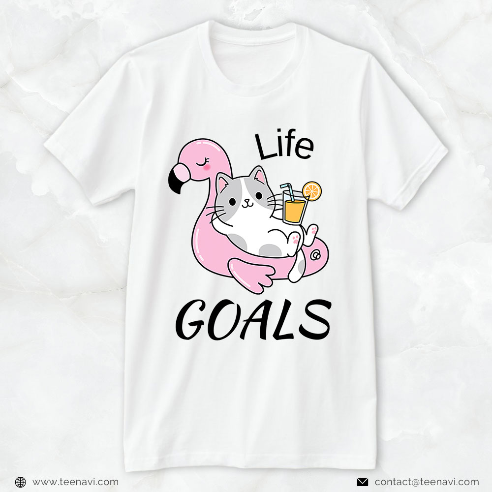 Pink Flamingo Shirt, Life Goals Cat And Flamingo Floatie