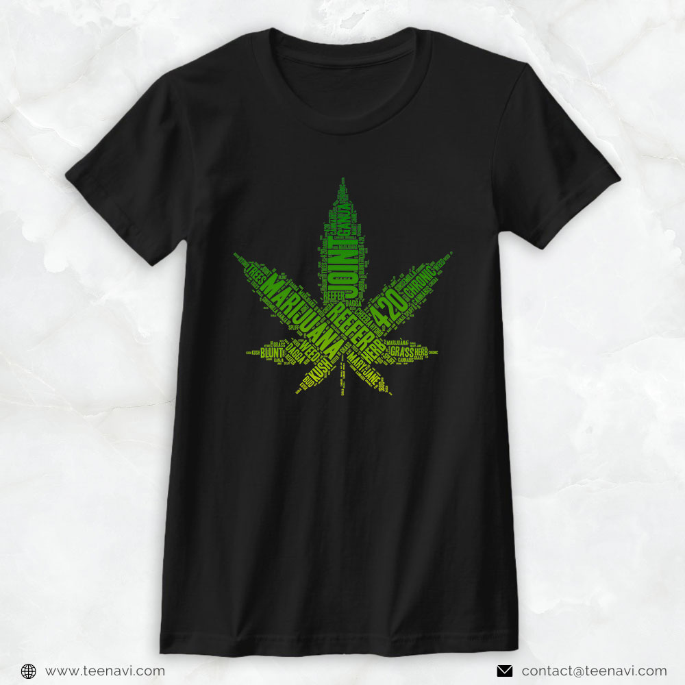 Cannabis Tee, Marijuana Leaf Word Cloud