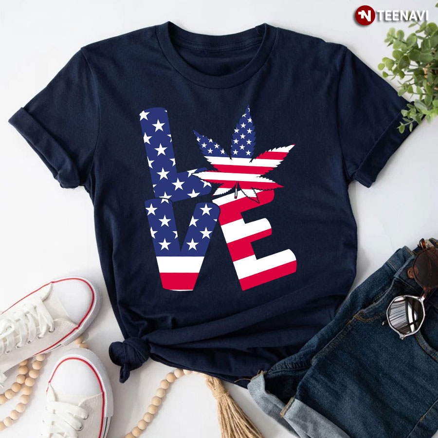 Love Weed Patriotic American Flag T-Shirt
