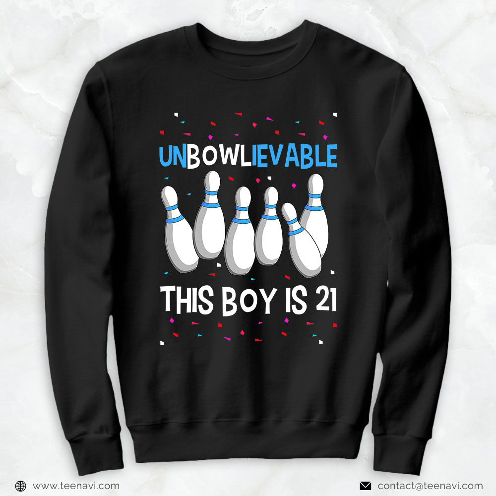 Funny 21st Birthday Shirt, Unbowlievable This Boy Is 21 Birthday Party Bowling 21st
