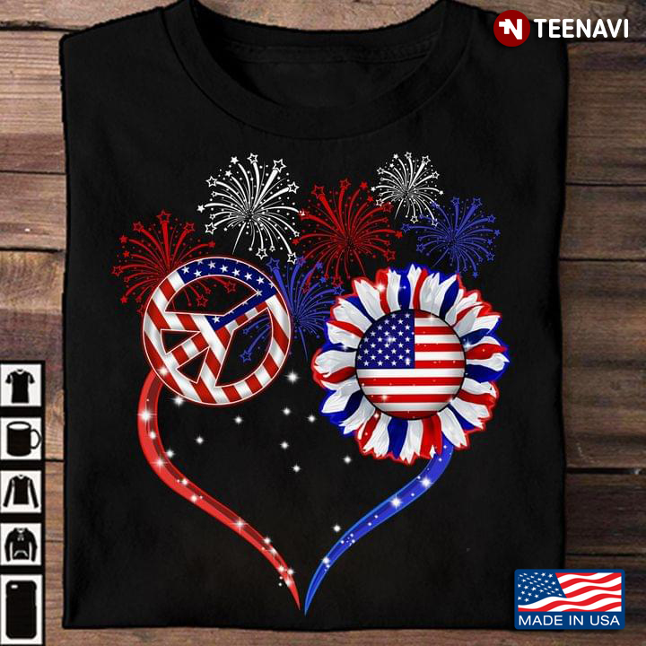 4th of July Shirt, American Flag Peace Sign And Sunflower