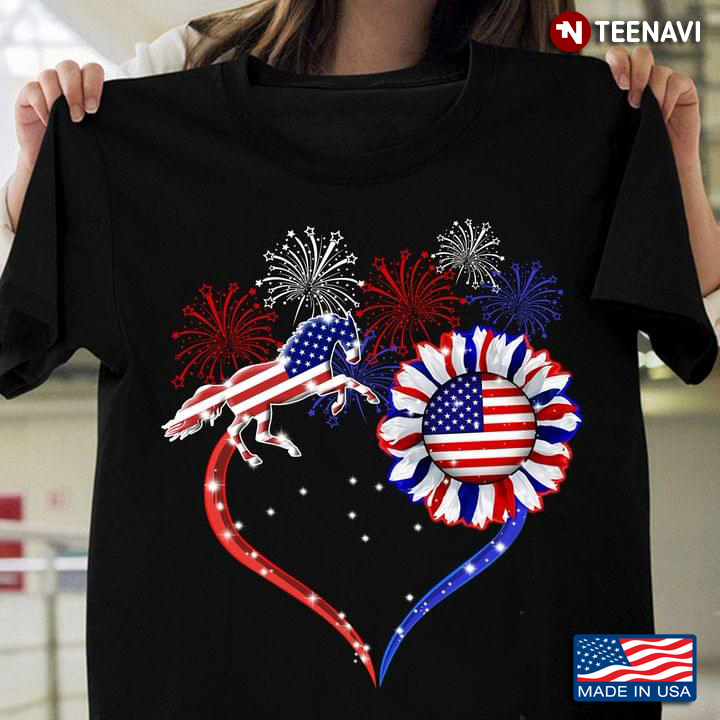 4th of July Shirt, American Flag Horse And Sunflower