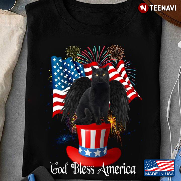 4th of July Shirt, God Bless America Black Cat With Fireworks