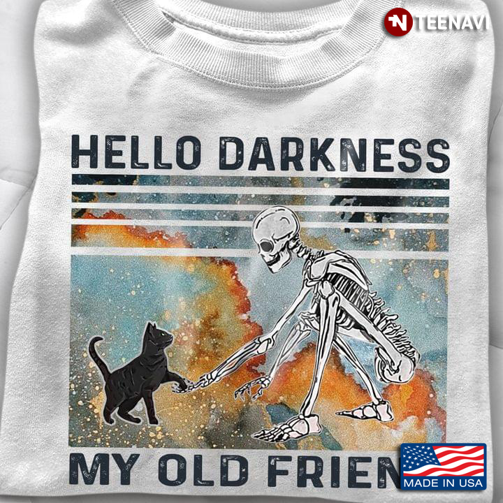 Cat Lover Shirt, Black Cat And Skeleton Hello Darkness My Old Friend