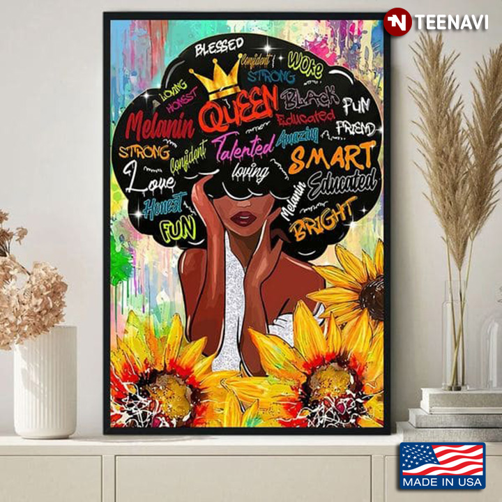 Black Girl Crown Sunflowers Poster, Queen Talented Loving Blessed