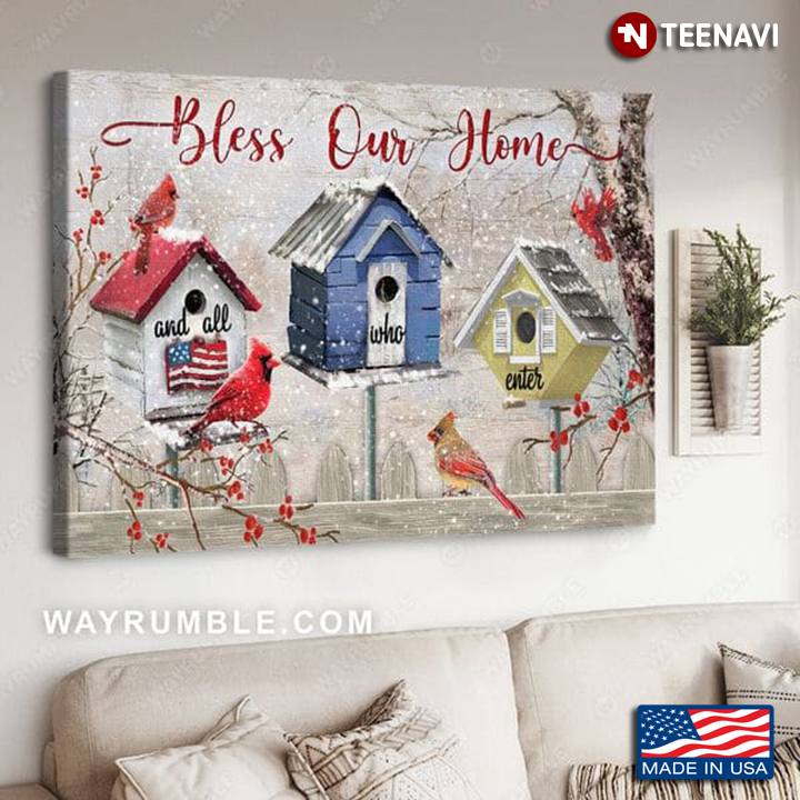 American Flag Cardinals Mistletoes Bird Houses Poster, Bless Our Home & All Who Enter