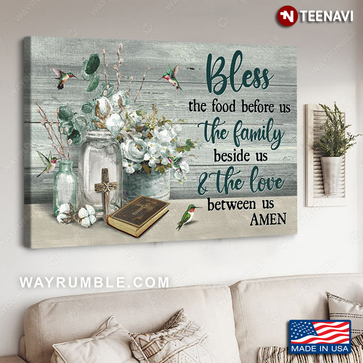 Hummingbirds Flowers Bible Book Jesus Cross Poster, Bless The Food Before Us