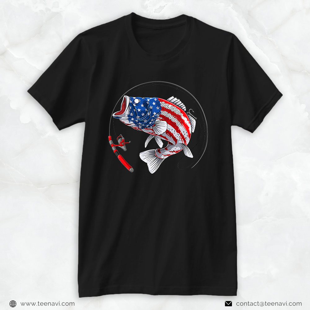 Cool Fishing Shirt, Largemouth Bass Fish Usa American Flag Patriotic 4th Of July
