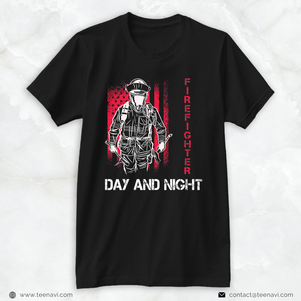 Red American Flag Firefighter Shirt, Day And Night Firefighter
