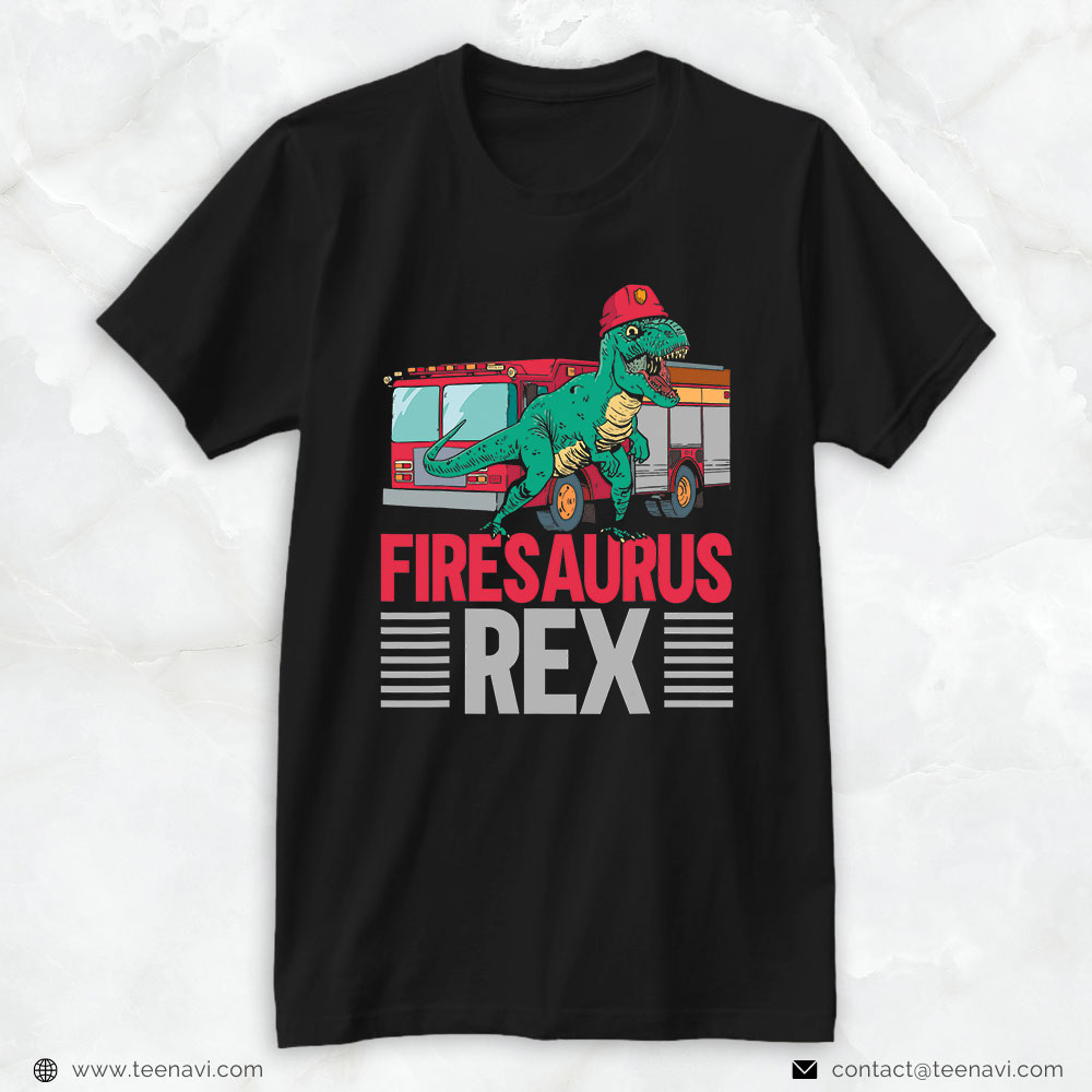 Tyrannosaurus Rex Helmet Fire Truck Shirt, Firesaurus Rex
