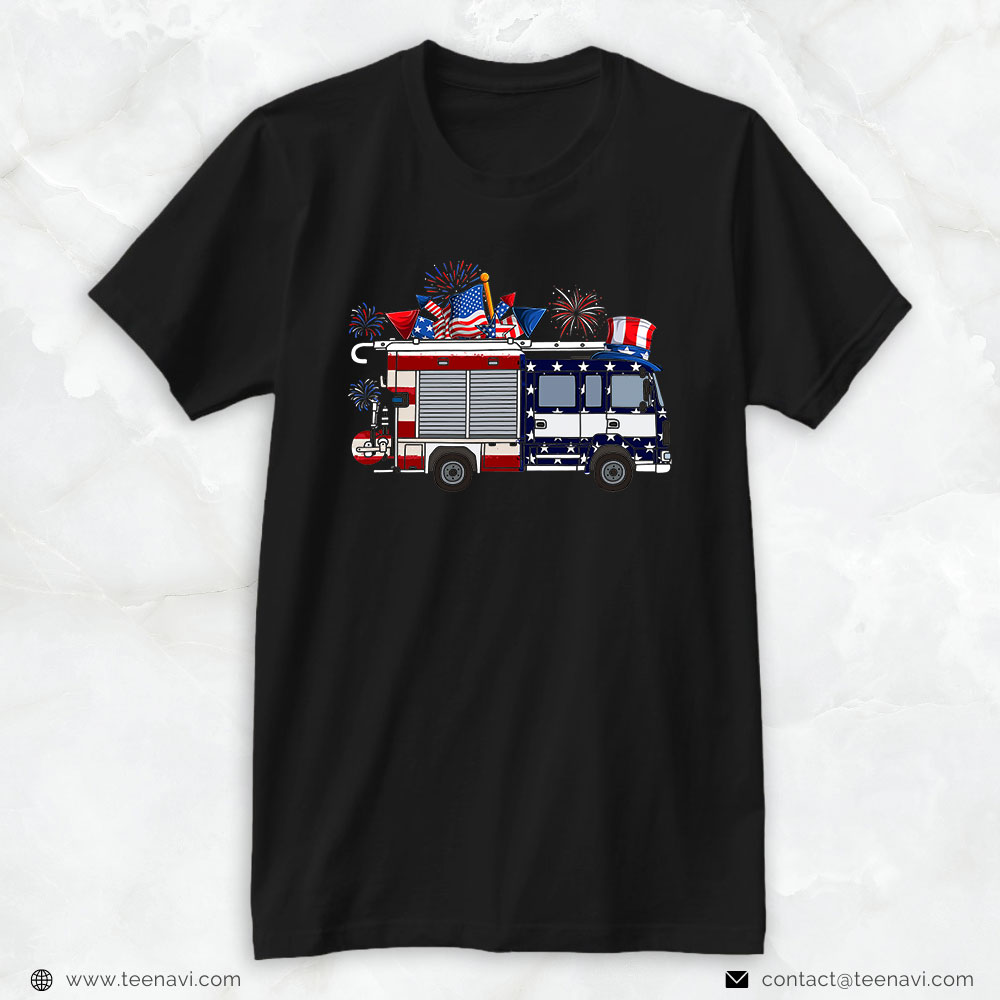 American Flag Fireworks Fire Truck Shirt, Firefighter Fourth Of July