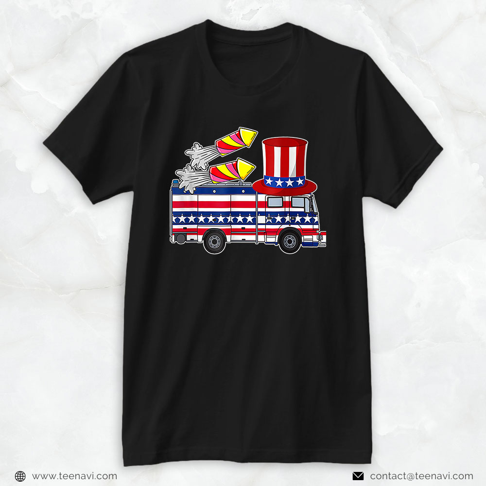 American Flag Fire Truck Firework Rockets Traditional American Hat Shirt, 4th Of July
