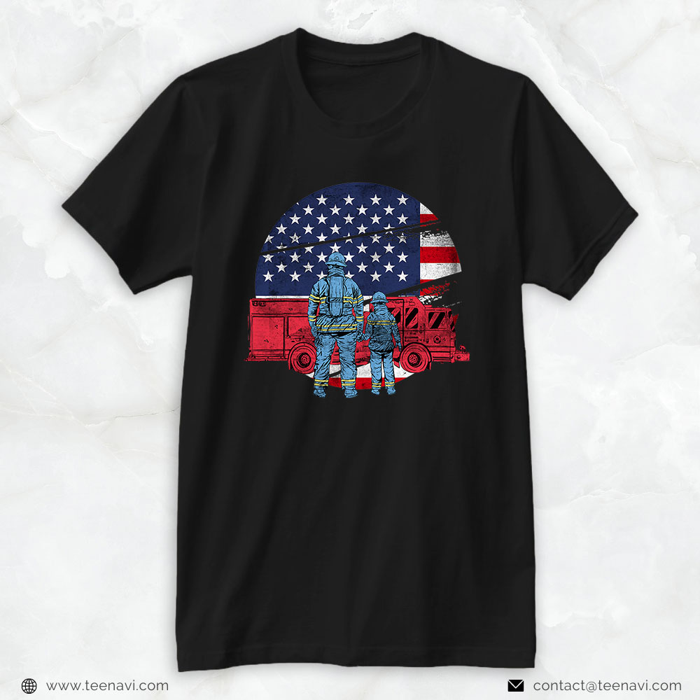 Firefighter Dad Shirt, American Flag And Fire Truck for Patriots