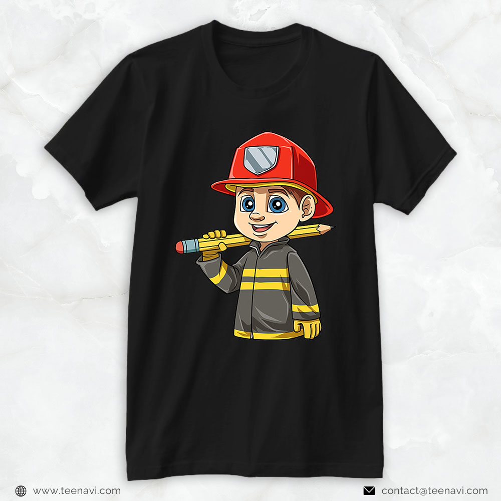 Firefighter Shirt, Little Boy With Pencil In Bunker Gear