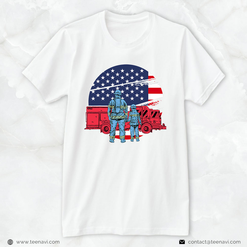 Firefighter Daddy Shirt, American Flag And Fire Truck for Patriots