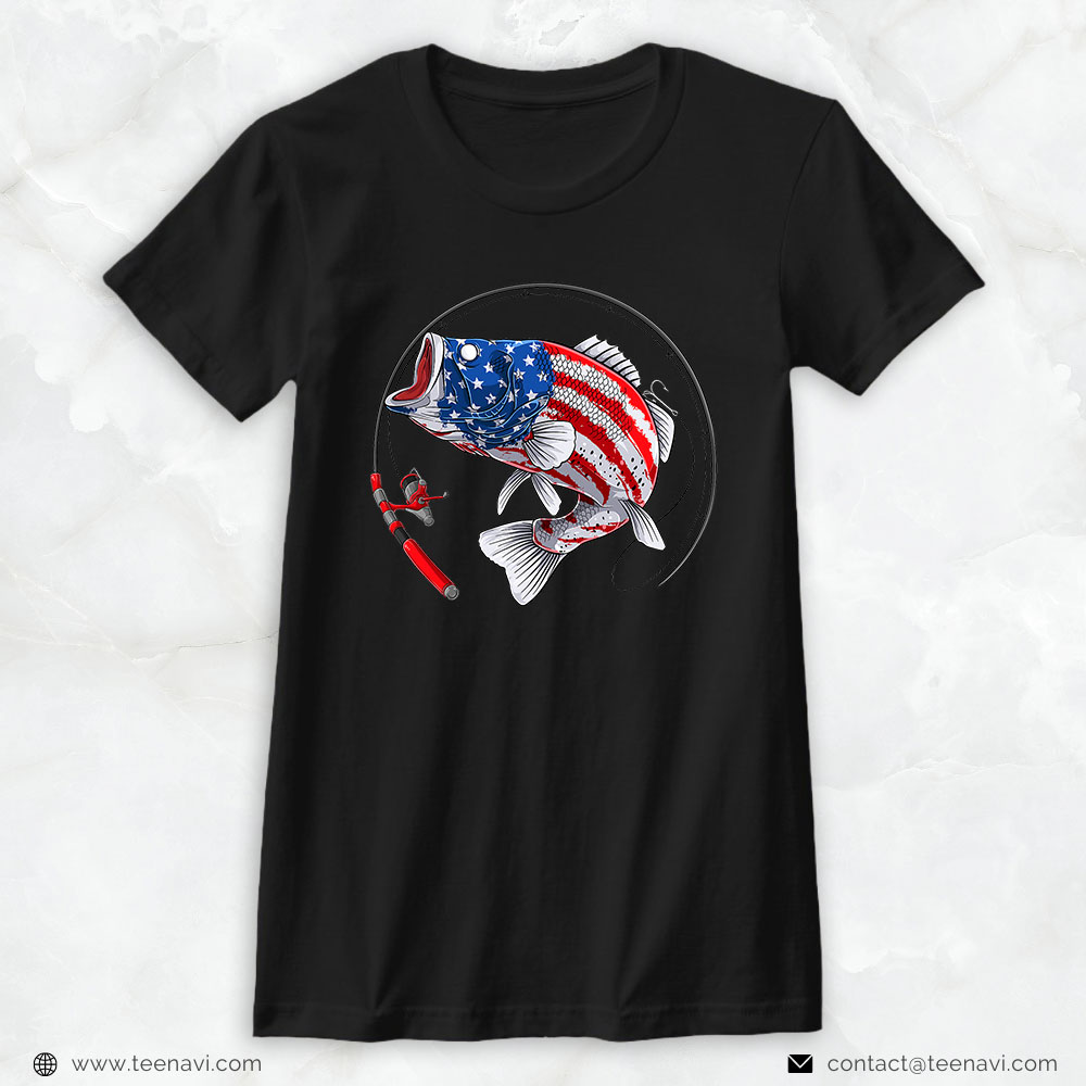 Cool Fishing Shirt, Largemouth Bass Fish Usa American Flag Patriotic 4th Of July