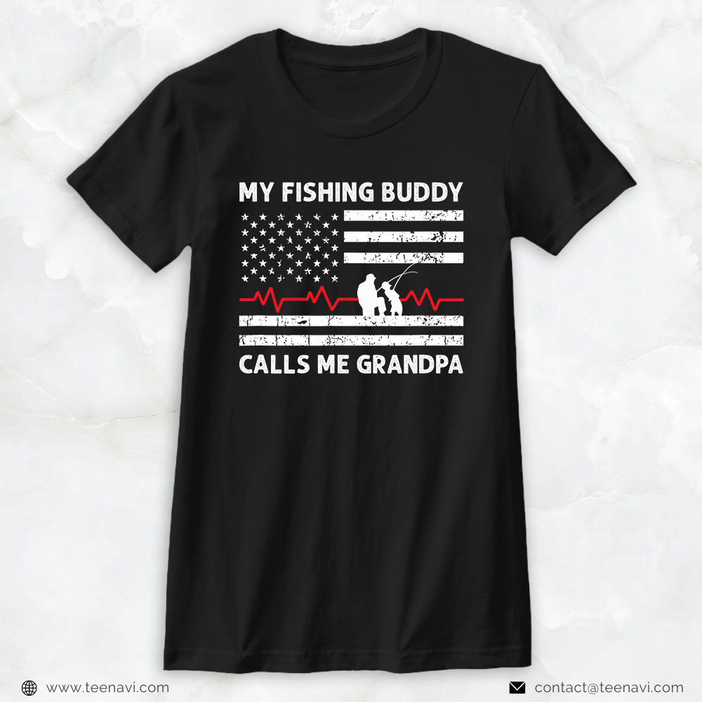 Fish Shirt, My Fishing Buddy Calls Me Grandpa Us American Flag Grandson