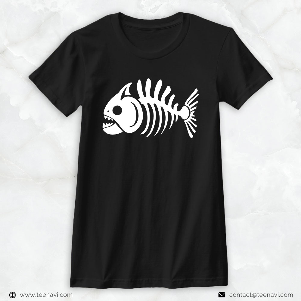 Fish Shirt, Piranha Skeleton.Minimalist Design Of A Fish Skull And Bones
