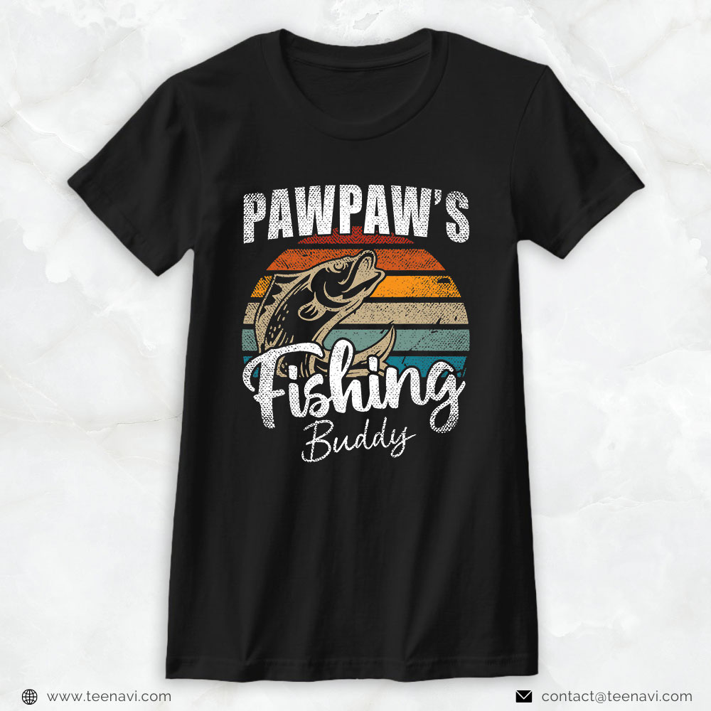 Cool Fishing Shirt, Vintage Pawpaw's Fishing Buddy Kids Funny Retro Sunset Fish