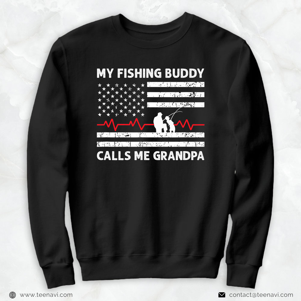 Fish Shirt, My Fishing Buddy Calls Me Grandpa Us American Flag Grandson