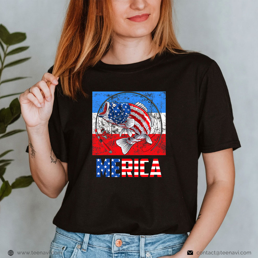 Cool Fishing Shirt, Merica Bass Fishing Fish American Flag 4th Of July Patriotic