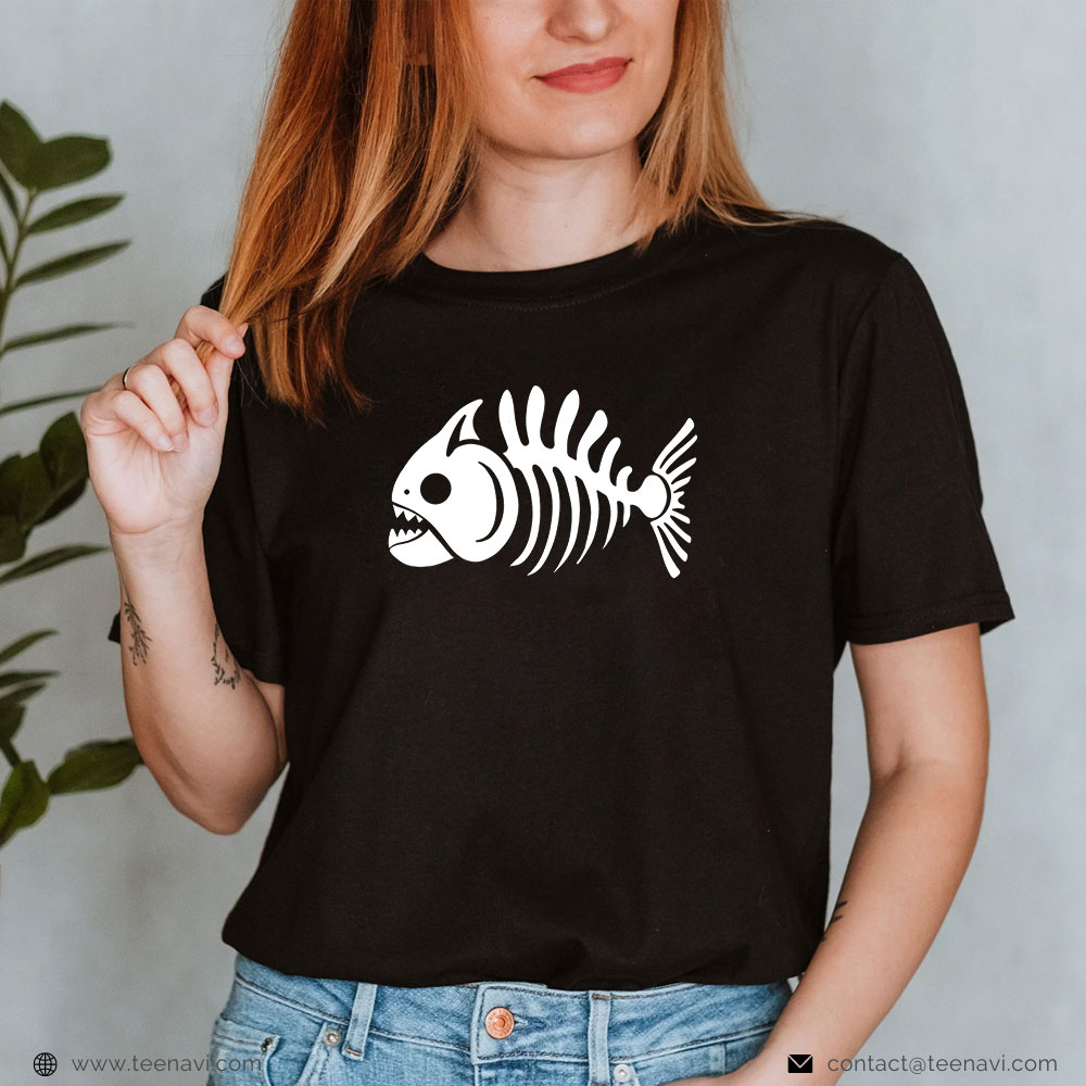 Fish Shirt, Piranha Skeleton.Minimalist Design Of A Fish Skull And Bones