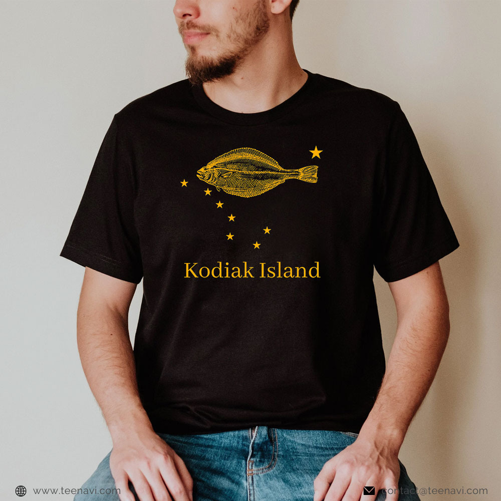 Cool Fishing Shirt, Kodiak Island Alaska State Flag Halibut Fishing