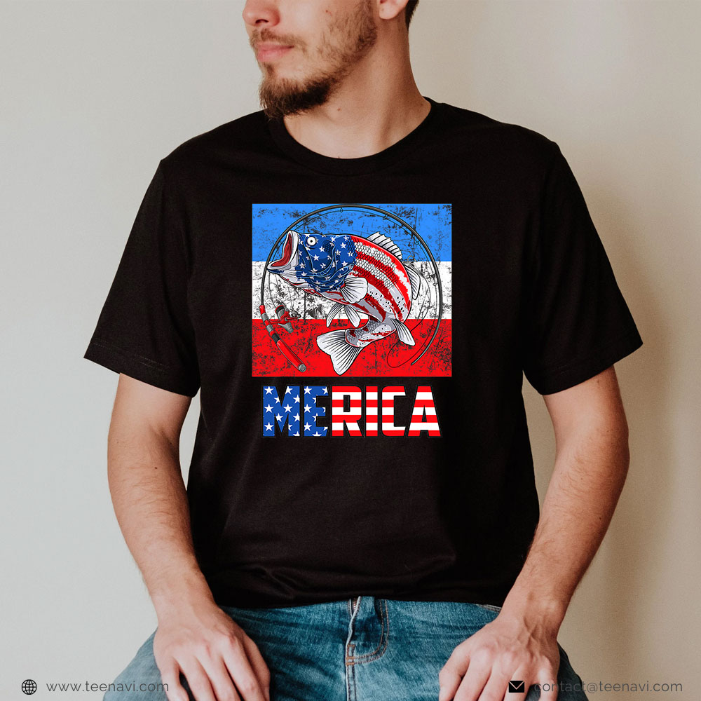  Cool Fishing Shirt, Merica Bass Fishing Fish American Flag 4th Of July Patriotic