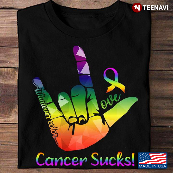 Cancer Awareness Watercolor Rock ‘n’ Roll Hand Gesture Shirt, Cancer Sucks!